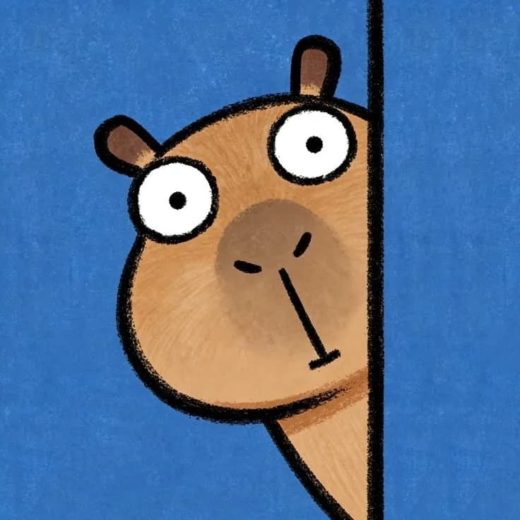 Capybara vẽ tay ló ra từ cạnh dọc trên nền xanh.