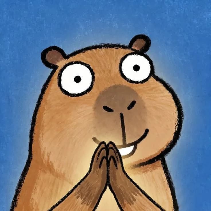 Capybara vẽ tay mỉm cười, chắp tay trên nền xanh.